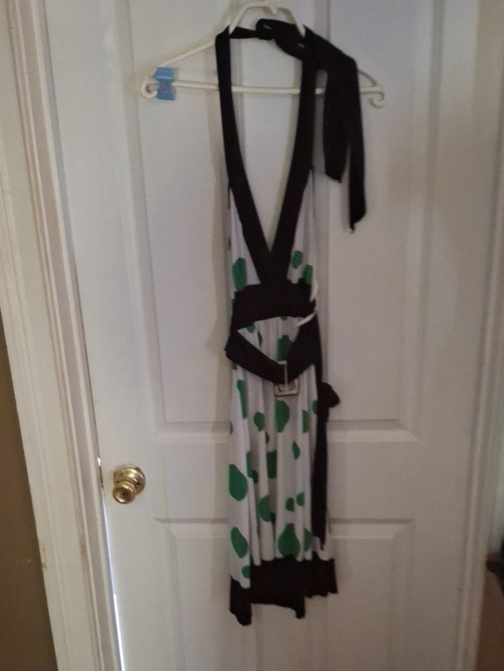 Wet Seal White Halter Backless Dress with Green Polka Dots and Black Accents